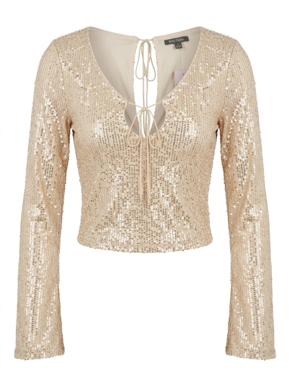 wild fable Gold Sequin Tie-Front Long Sleeve Crop Top - Picture 1 of 1